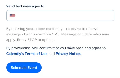 Signup form SMS opt-in field with country flag, consent text, and Schedule Event button.