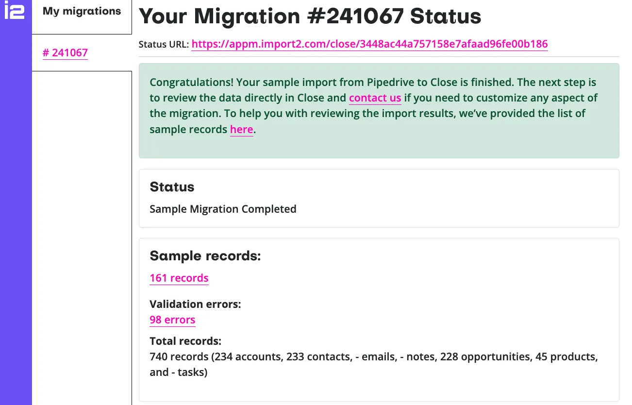 Migration status page showing sample migration completed with record and error counts.