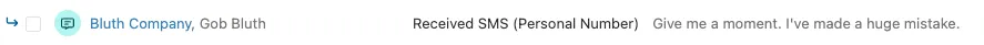 Inbox row showing received SMS from Bluth Company with message preview.