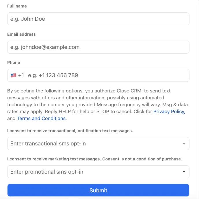 Form for entering name, email, phone and selecting transactional and promotional SMS opt-in with submit button.
