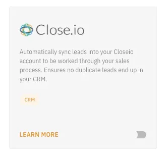 Close.io integration card showing sync description and a disabled toggle.