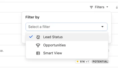 Dropdown menu showing Inbox filters like Lead Status, Opportunities, and Smart View.