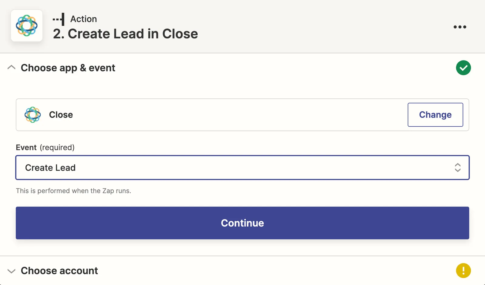 Zapier action setup screen showing Close app selected with event set to Create Lead and a large Continue button.
