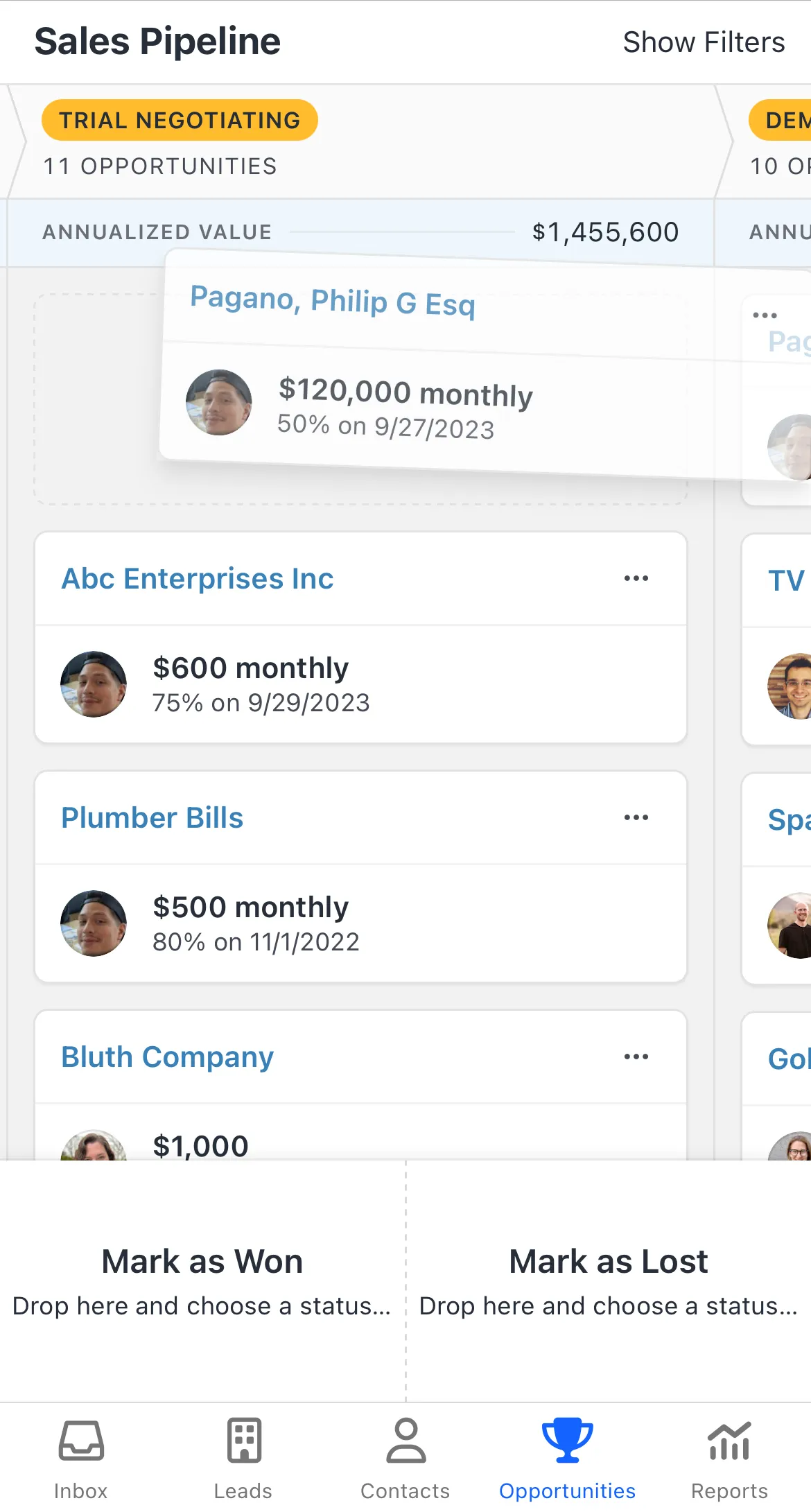 Mobile app sales pipeline showing opportunity cards with company names, values, and status.