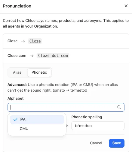 Choose IPA or CMU in the Alphabet dropdown.