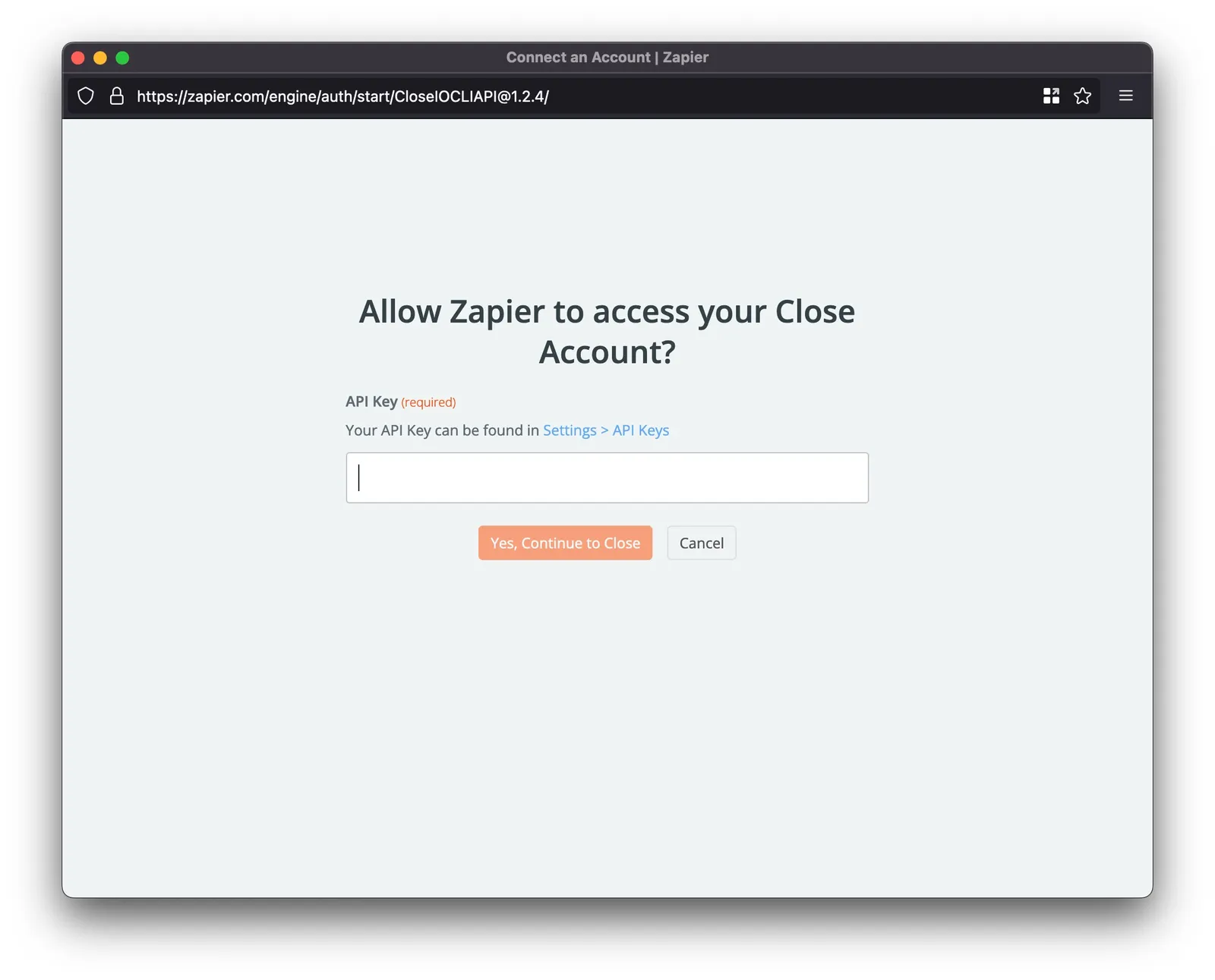 Browser window showing a Zapier prompt asking to allow Zapier to access Close with an API key field and Continue button.