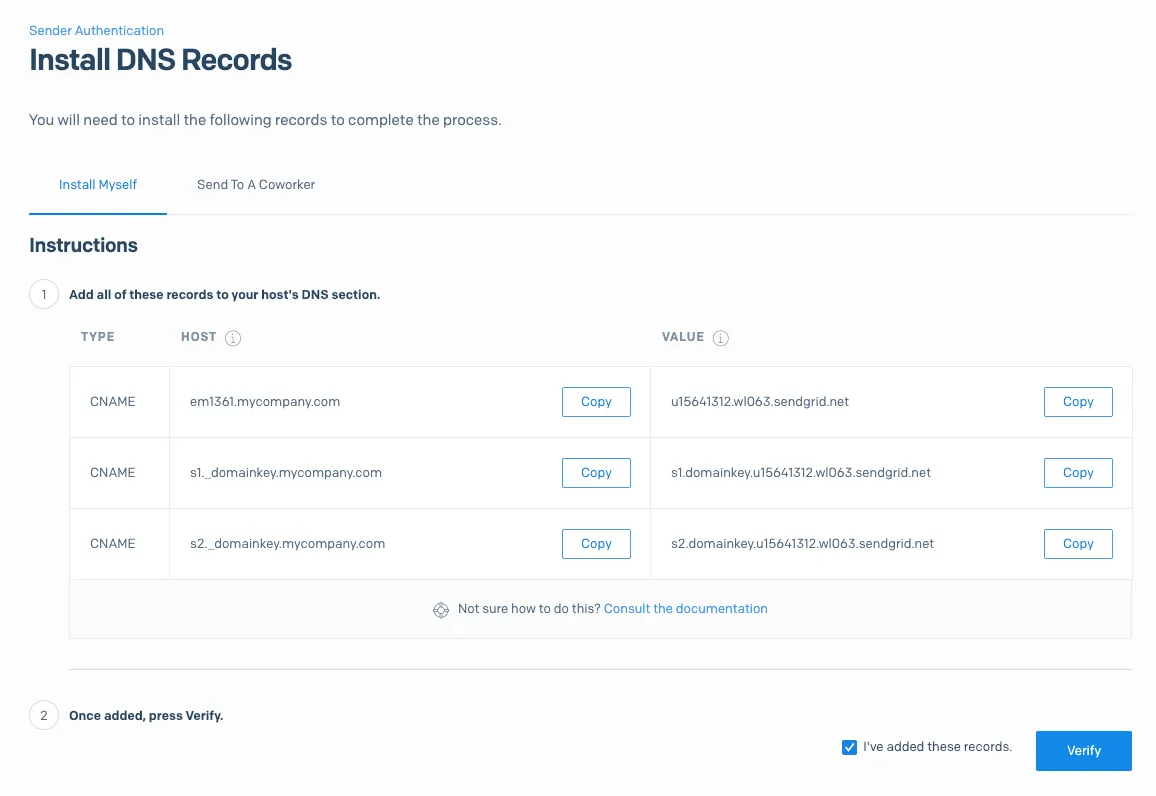 SendGrid Install DNS Records page showing three CNAME host and value entries with copy buttons.