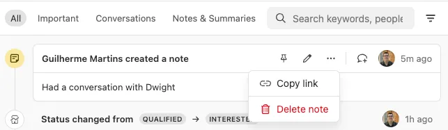 Lead activity panel showing a created note with text, edit and more options including delete note.