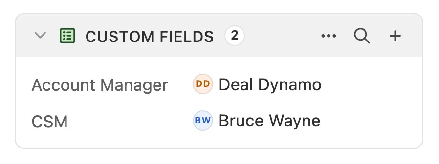 Custom Fields panel showing Account Manager and CSM with assigned users Deal Dynamo and Bruce Wayne.