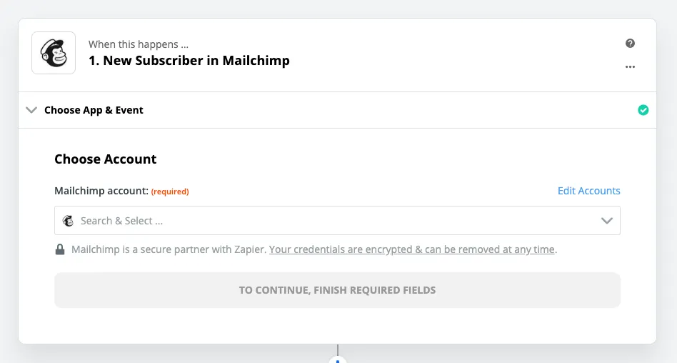 Zapier setup screen for Mailchimp new subscriber trigger requesting account selection.