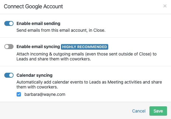 Dialog showing toggles for enabling email sending, disabling email syncing, and enabling calendar syncing.