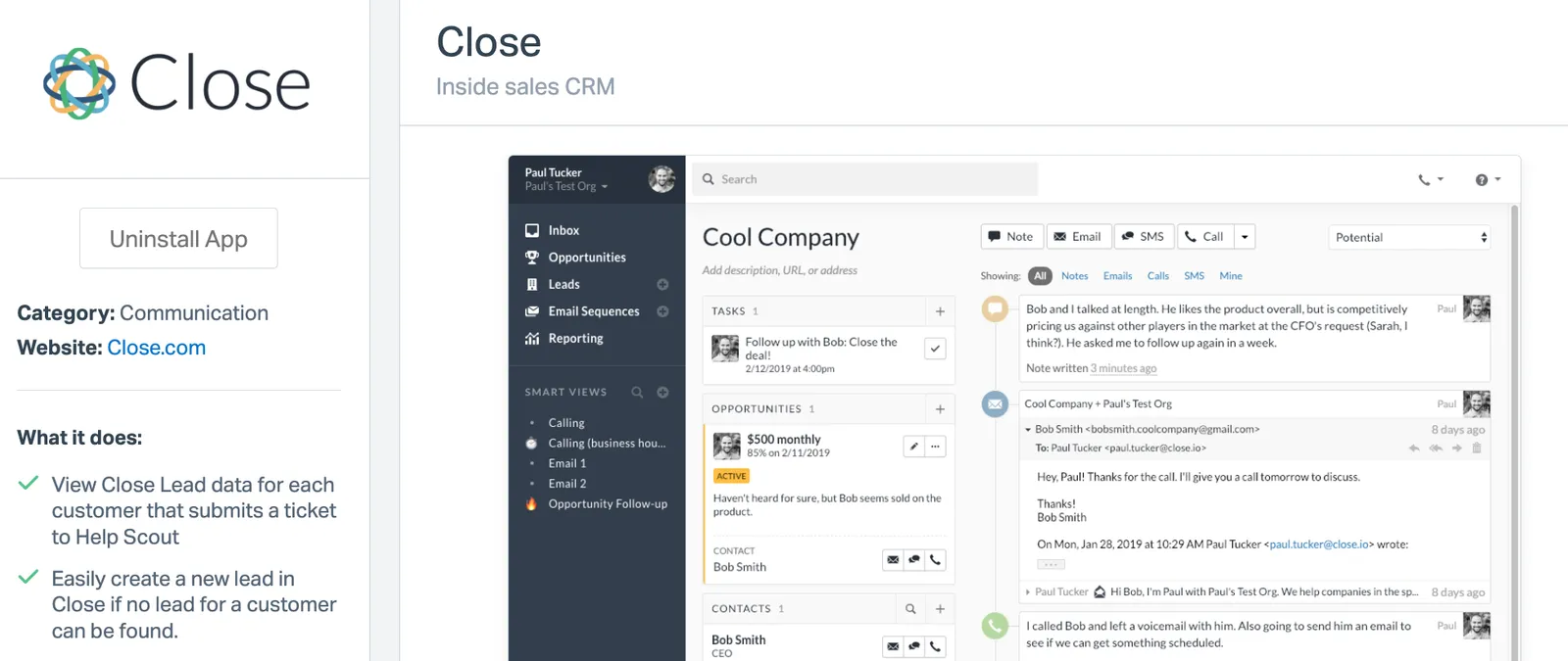 Help Scout ticket view showing Close CRM integration sidebar with lead details and activity timeline.