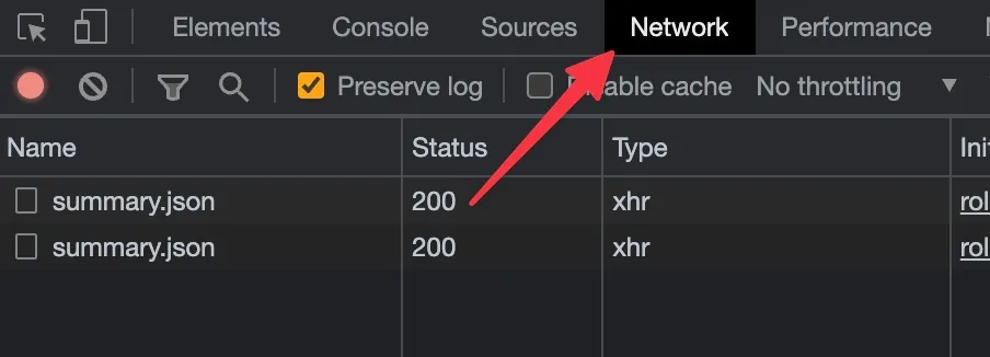 Browser developer tools Network tab with Preserve log checked and a red arrow pointing to Network.
