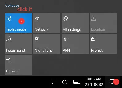Windows Action Center quick settings panel showing Tablet mode and other quick actions.