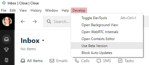 Close app Develop menu with Use Beta Version option highlighted.