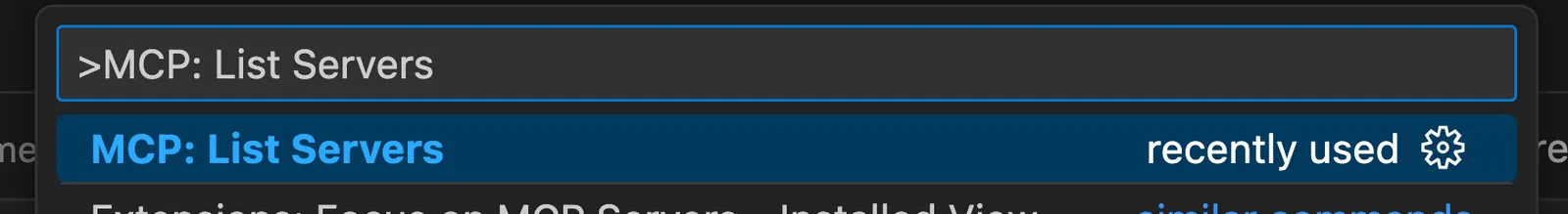 Command palette entry highlighting 'MCP: List Servers' with recently used badge.