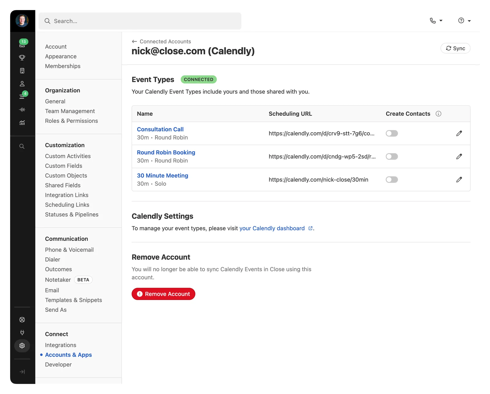 Close app settings page showing a connected Calendly account with event types and create contacts toggles.