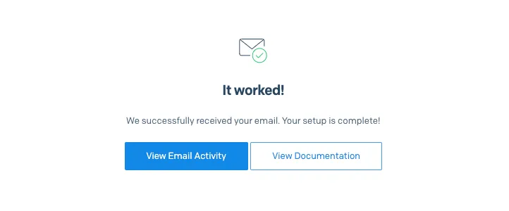 Confirmation screen saying It worked with buttons to view email activity or documentation.