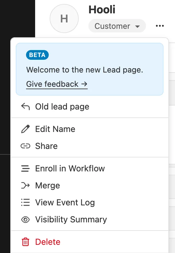 Dropdown menu beside a lead showing actions like Edit Name, Merge, and Delete.