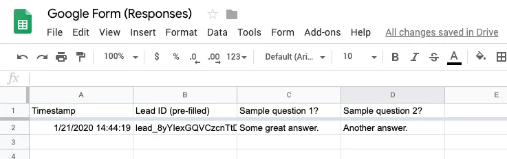 Google Sheets view showing form responses with Timestamp, Lead ID (pre-filled), and sample answers.