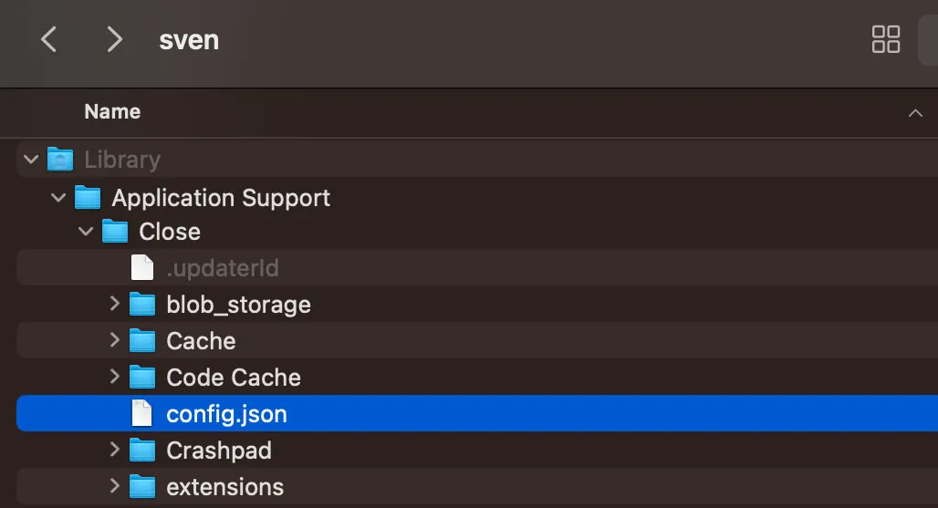 Finder window showing the Application Support/Close folder with config.json selected.