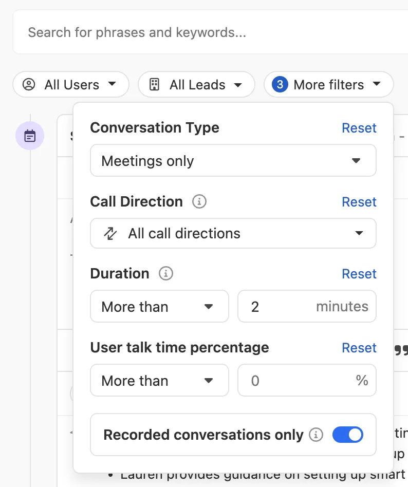 Dropdown filters menu showing conversation type, call direction, duration, and recorded conversations toggle.