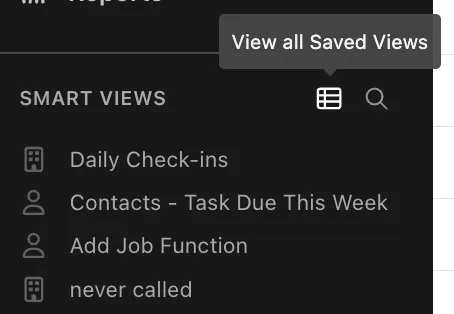 Left sidebar showing Smart Views list with saved view names and icons.