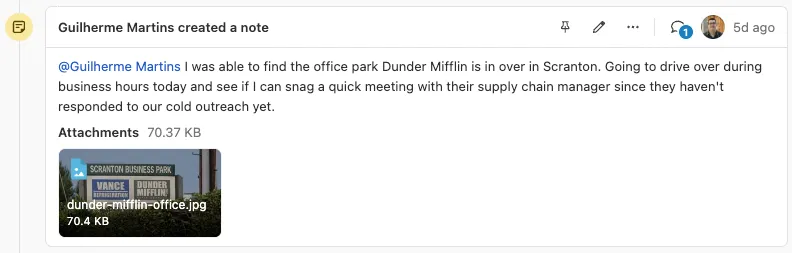 Lead activity note showing text mention and an attached image file.