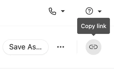Save as button, ellipsis menu, and copy link share icon on report toolbar.