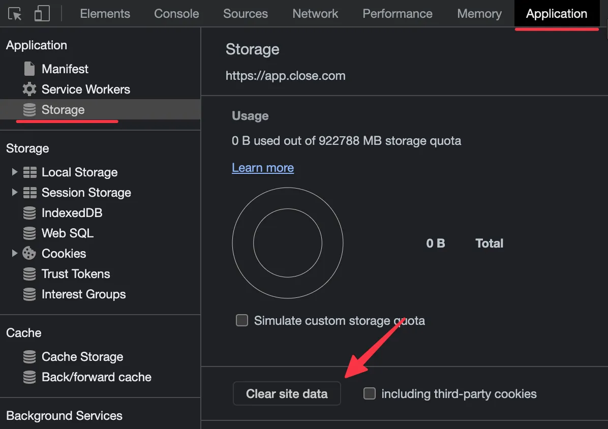 Browser DevTools Application tab showing Storage with Clear site data button highlighted.
