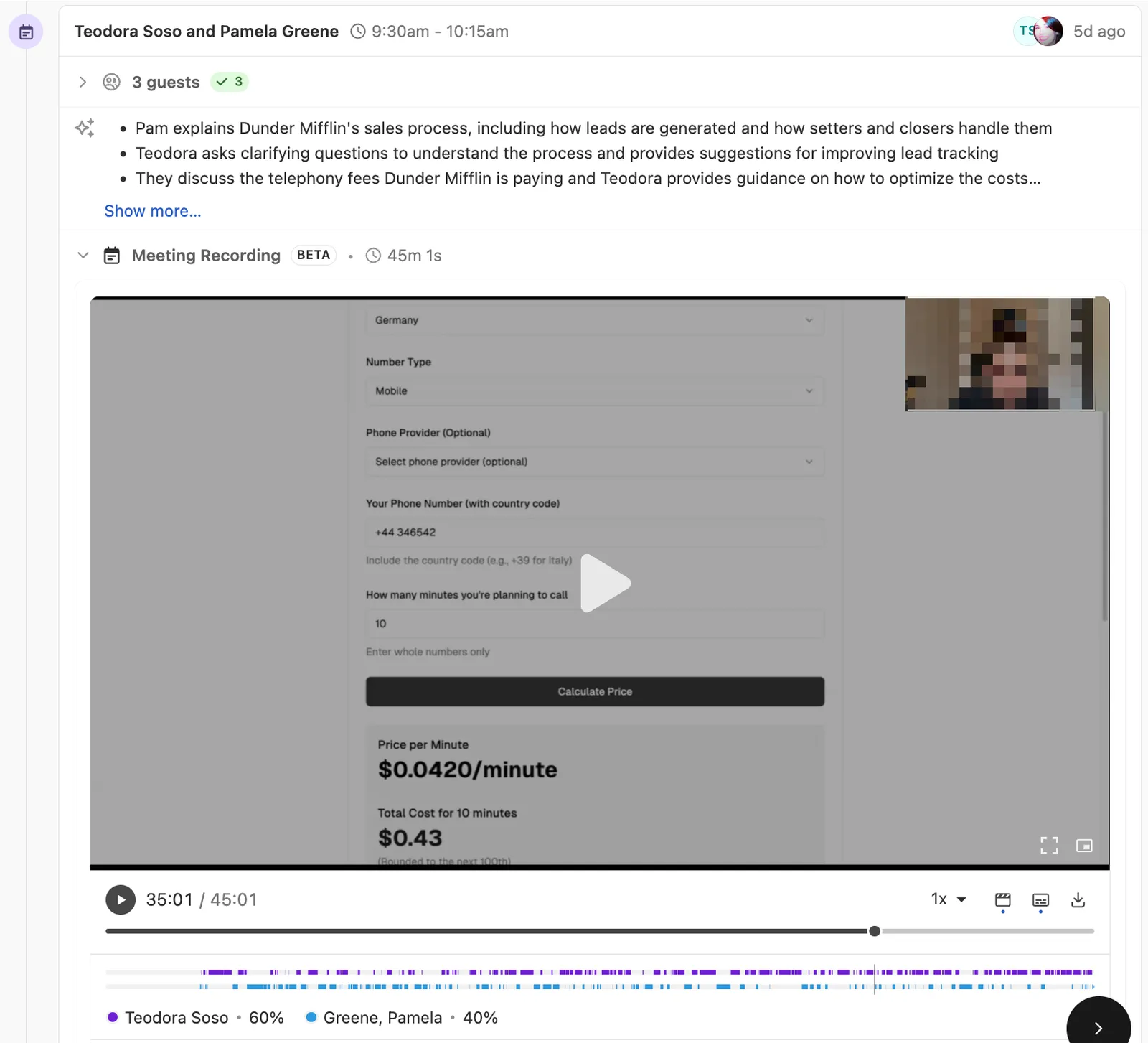 Lead timeline showing an embedded Notetaker meeting recording with transcript summary and speaker timeline.