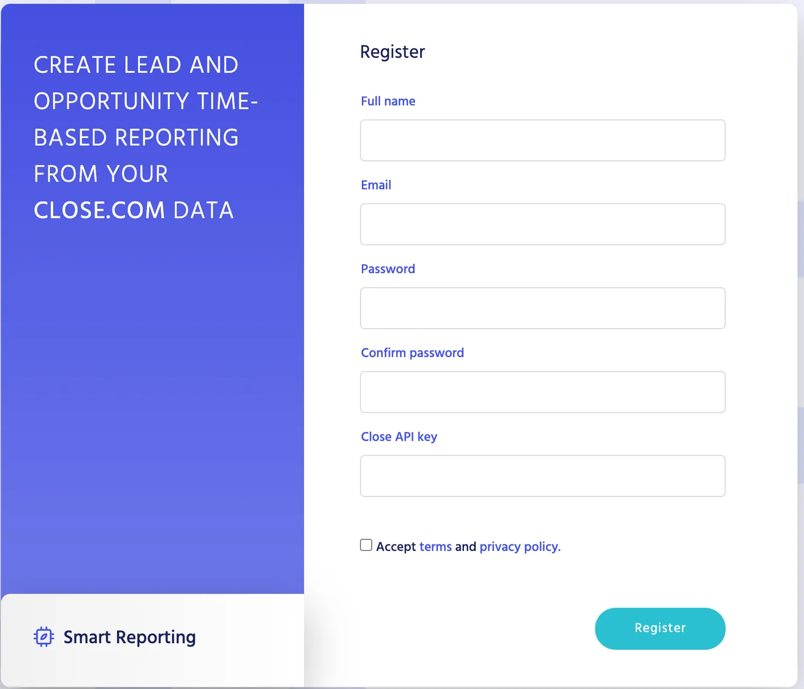 Signup form for Smart Reporting with fields for name, email, passwords and Close API key next to promotional gradient panel.