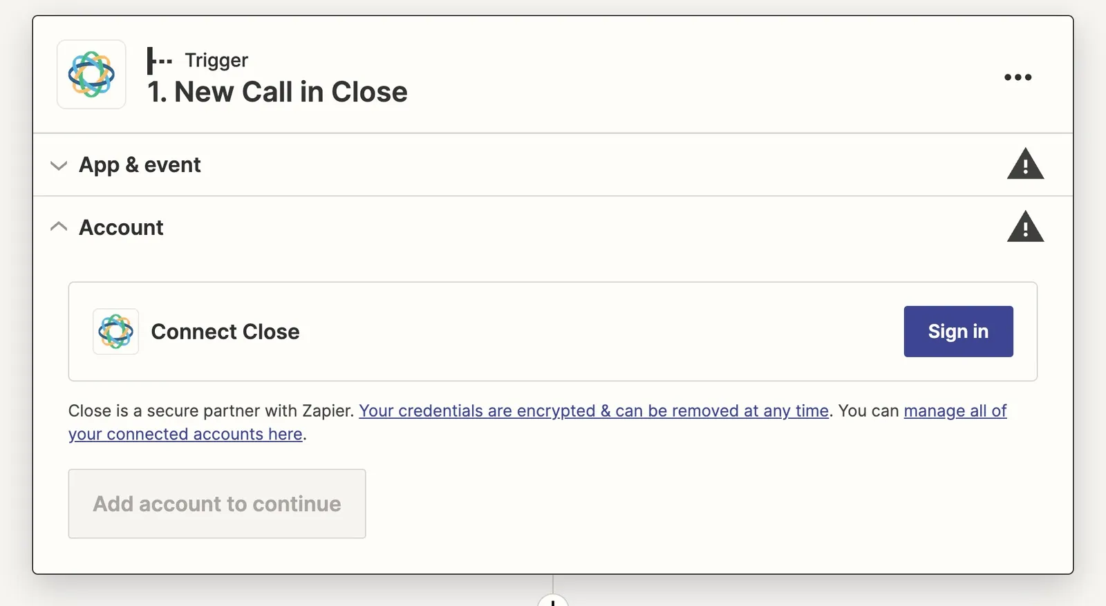 Zapier step showing Connect Close account with a Sign in button for OAuth authentication.