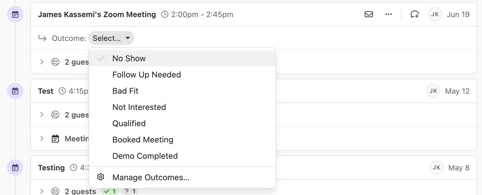 Dropdown menu showing selectable meeting outcomes like No Show, Follow Up Needed, and Demo Completed.