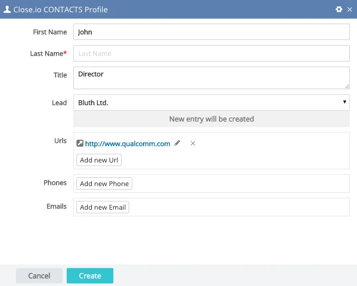 Close.io modal form to create a contact with name, title, company, URL, phone, and email fields.