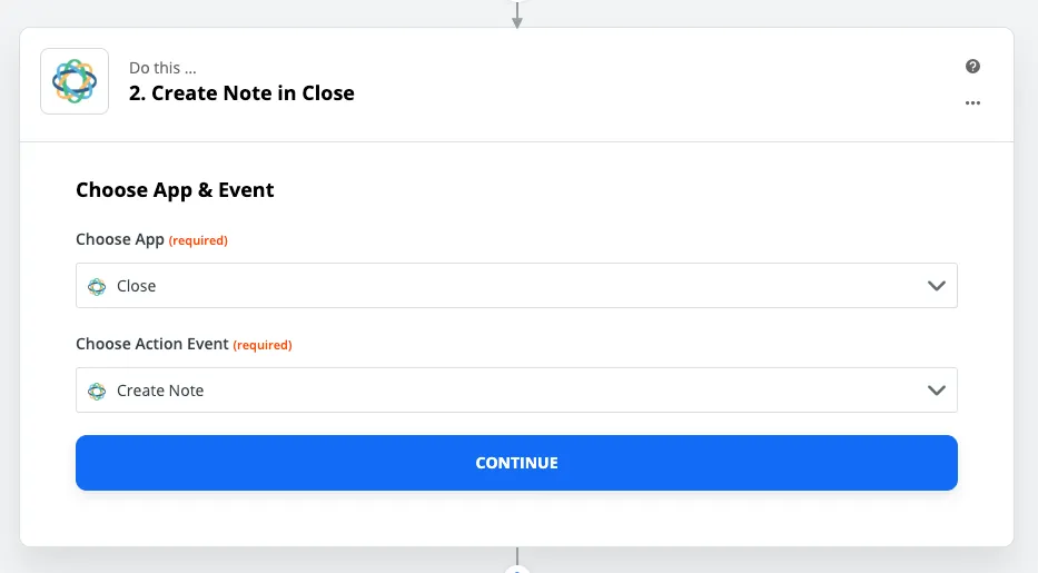 Zapier action step selecting Close app and Create Note event with a Continue button.