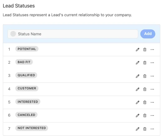 Settings page showing a list of lead statuses with add field and edit/delete icons.