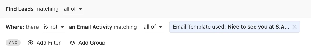 Smart View filter excluding leads with a specific email template used.