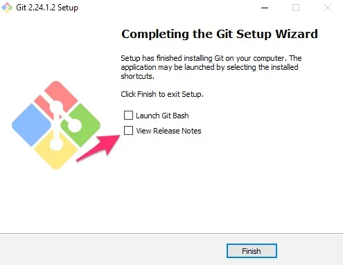 Git setup wizard completion screen with checkboxes to launch Git Bash or view release notes.