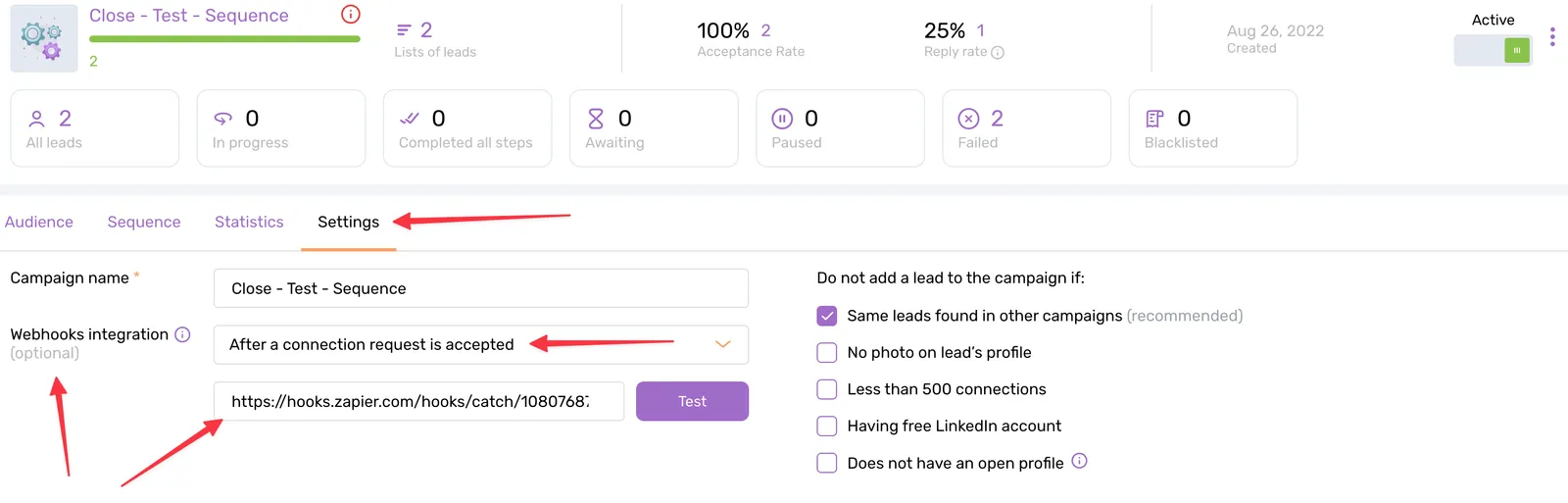 Dripify campaign Settings tab showing webhooks integration set to after a connection request is accepted with a Zapier webhook URL.