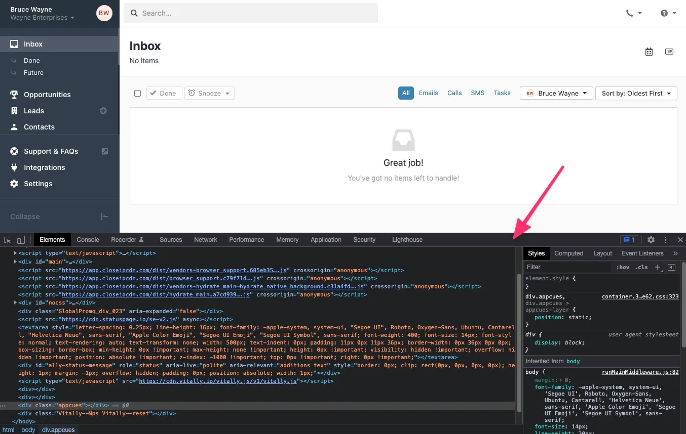 Close web app showing developer tools with Elements and Styles panels and console output highlighted.