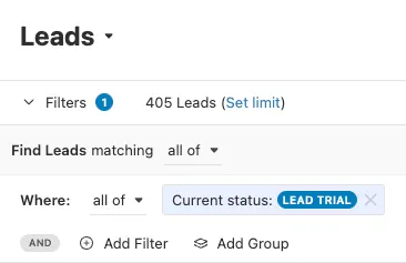Leads tab showing filters area with Current status set to Lead Trial and 405 leads.