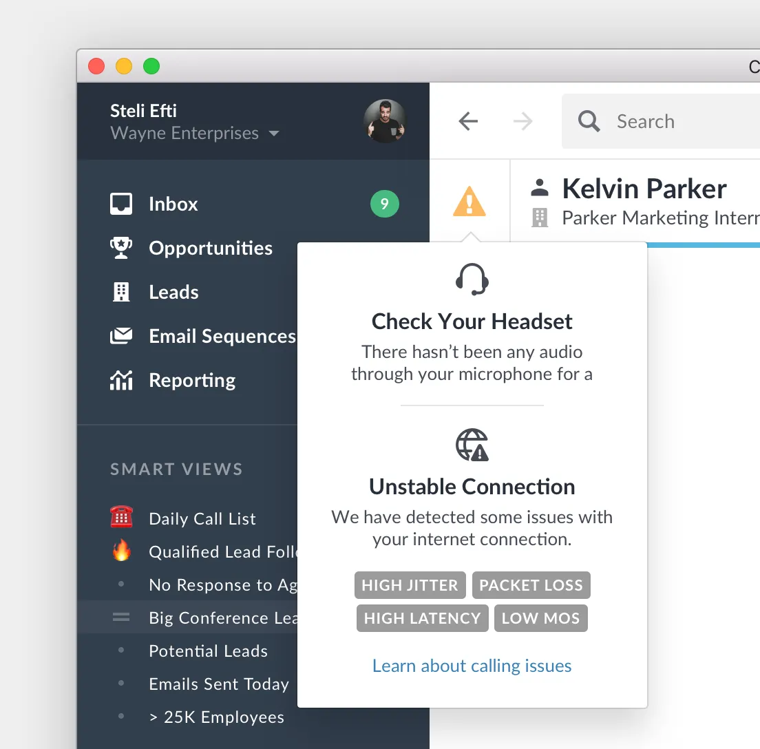 Popup showing headset and unstable connection warnings with CQI labels.