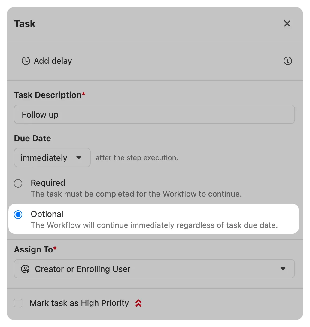 Workflow task step editor showing description, due date options, required vs optional, and assignee selection.