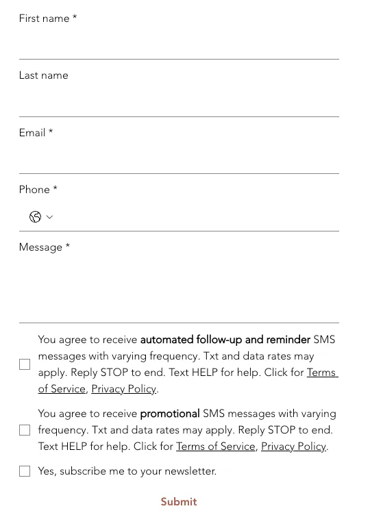 Signup form with fields for name, email, phone, message and checkboxes for automated and promotional SMS consent plus submit button.