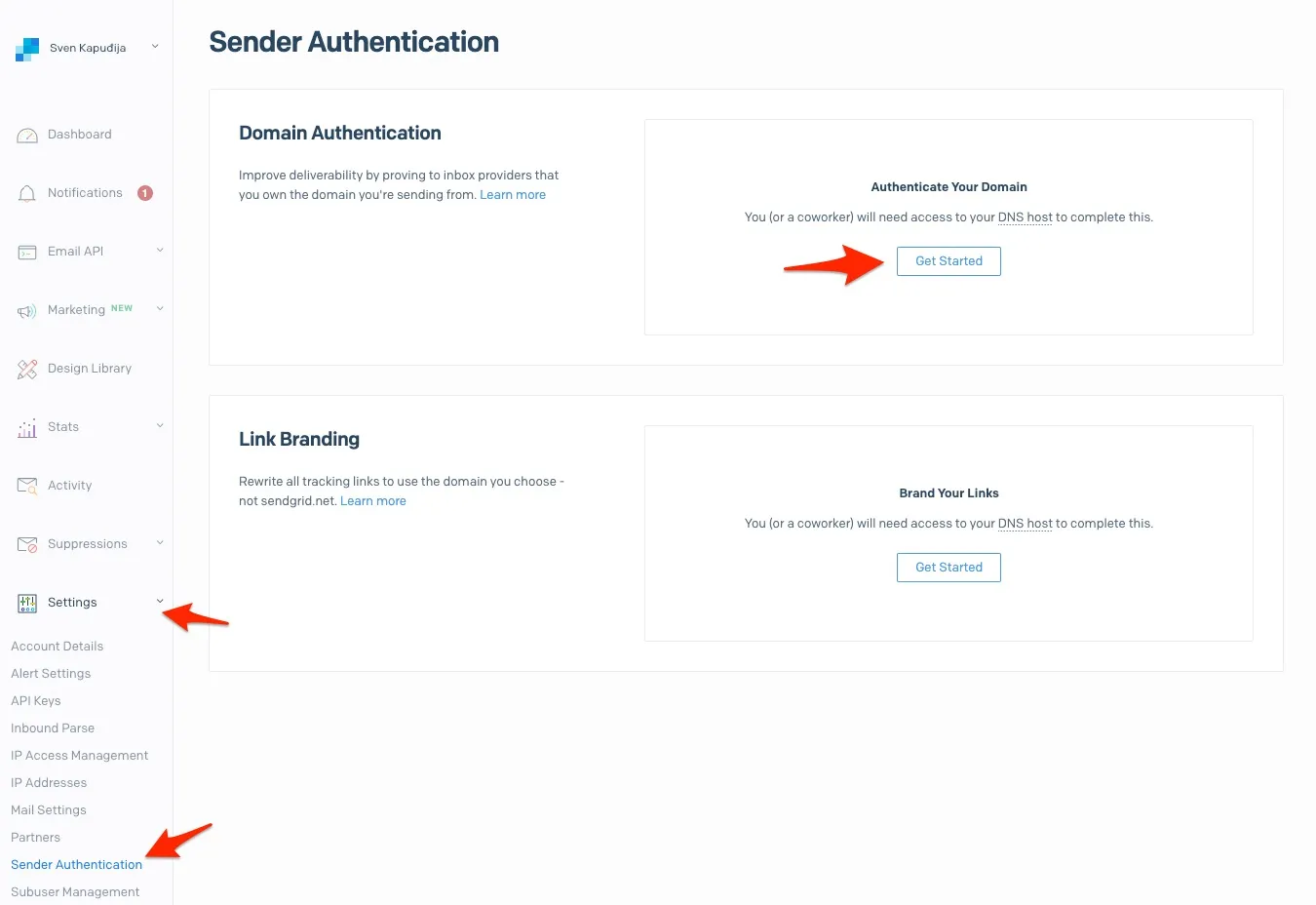 SendGrid Sender Authentication page showing Domain Authentication and Link Branding sections with Get Started buttons.