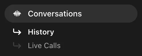 Sidebar showing Conversations with History and Live Calls navigation items.