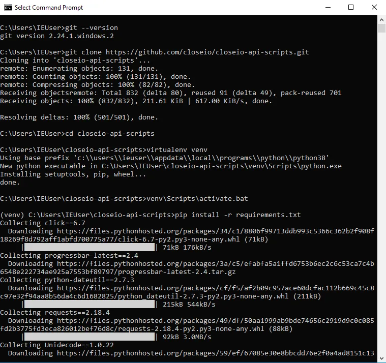 Windows Command Prompt showing git clone, virtualenv creation, activation, and pip installing requirements.