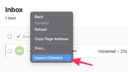 Right-click context menu with Inspect Element highlighted in a web app inbox.