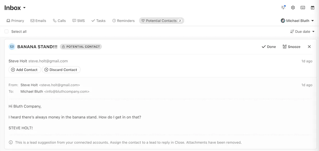 Close Inbox showing a Potential Contact email with Add Contact and Discard Contact buttons.